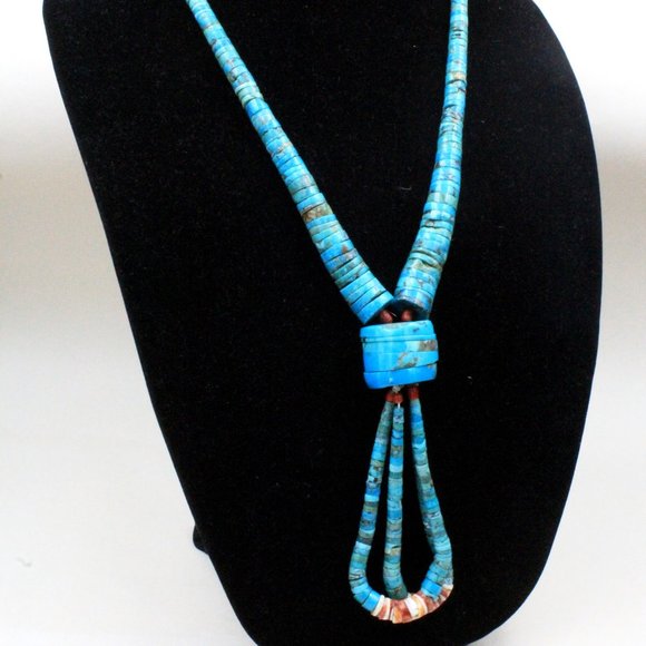 Vintage Santo Domingo Old Pawn 1960 Vintage Santo Domingo Old Pawn 1960\'s Heishi Bead Turquoise Large Jacla Necklace